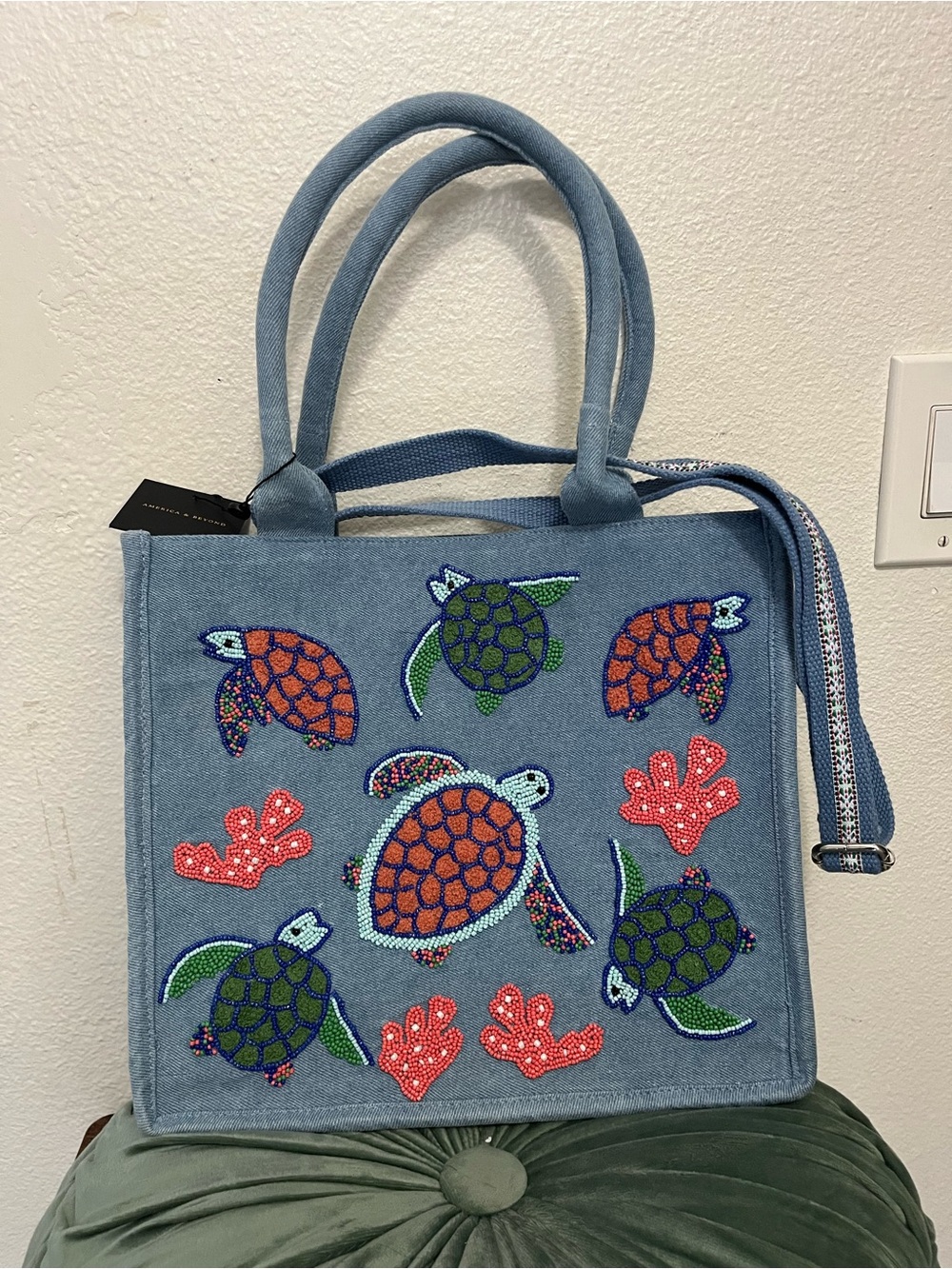 America & Beyond Embroidered Sea Turtle Canvas Tote Bag - Blue